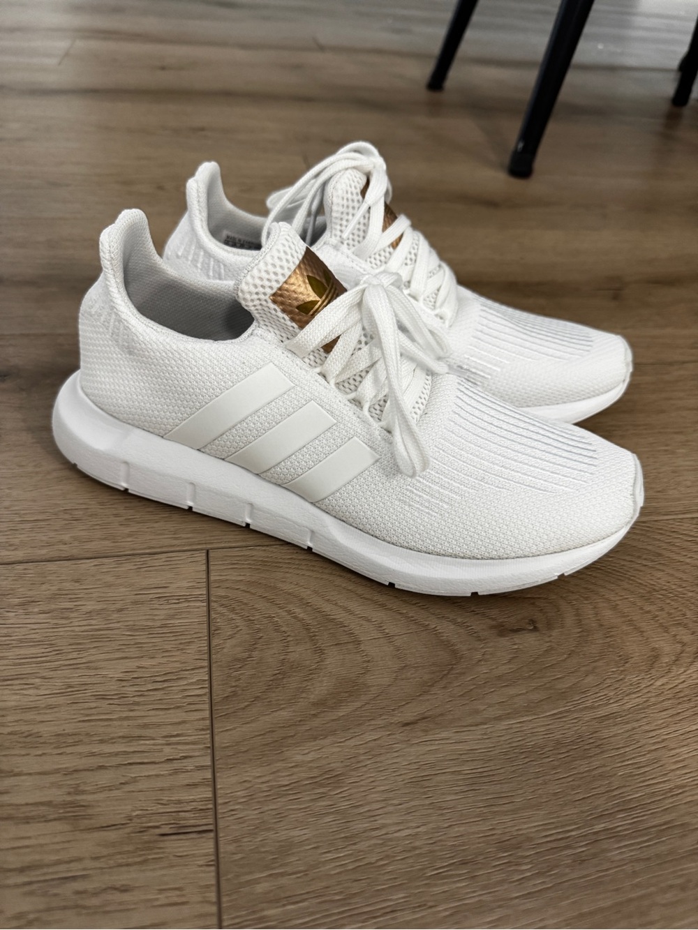 adidas White Knit Lace-Up Sneakers with Gold Tongue Accent